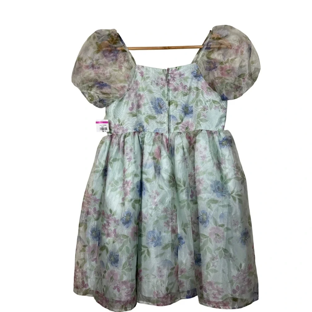 Zunie Girls Puff Sleeve Floral Square Neck‎ Dress Size 16 Sheer Lined Fairy
